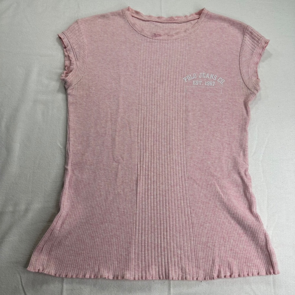 Vintage Polo Jeans Co Ralph Lauren Pink Ribbed Cap Sleeve Y2K Logo Tee